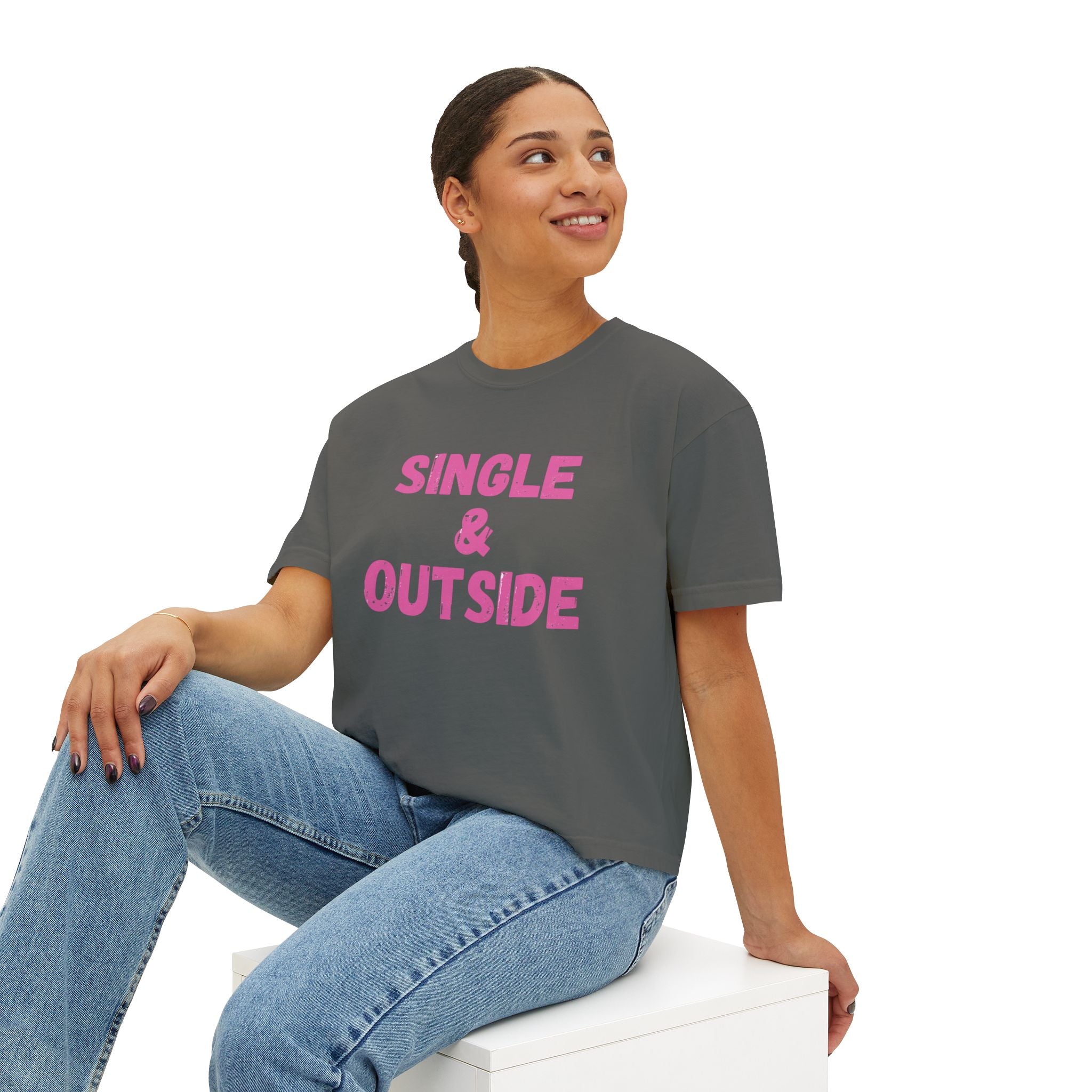 Women's Boxy Tee — "Single & Outside" Pink Statement Crop Top