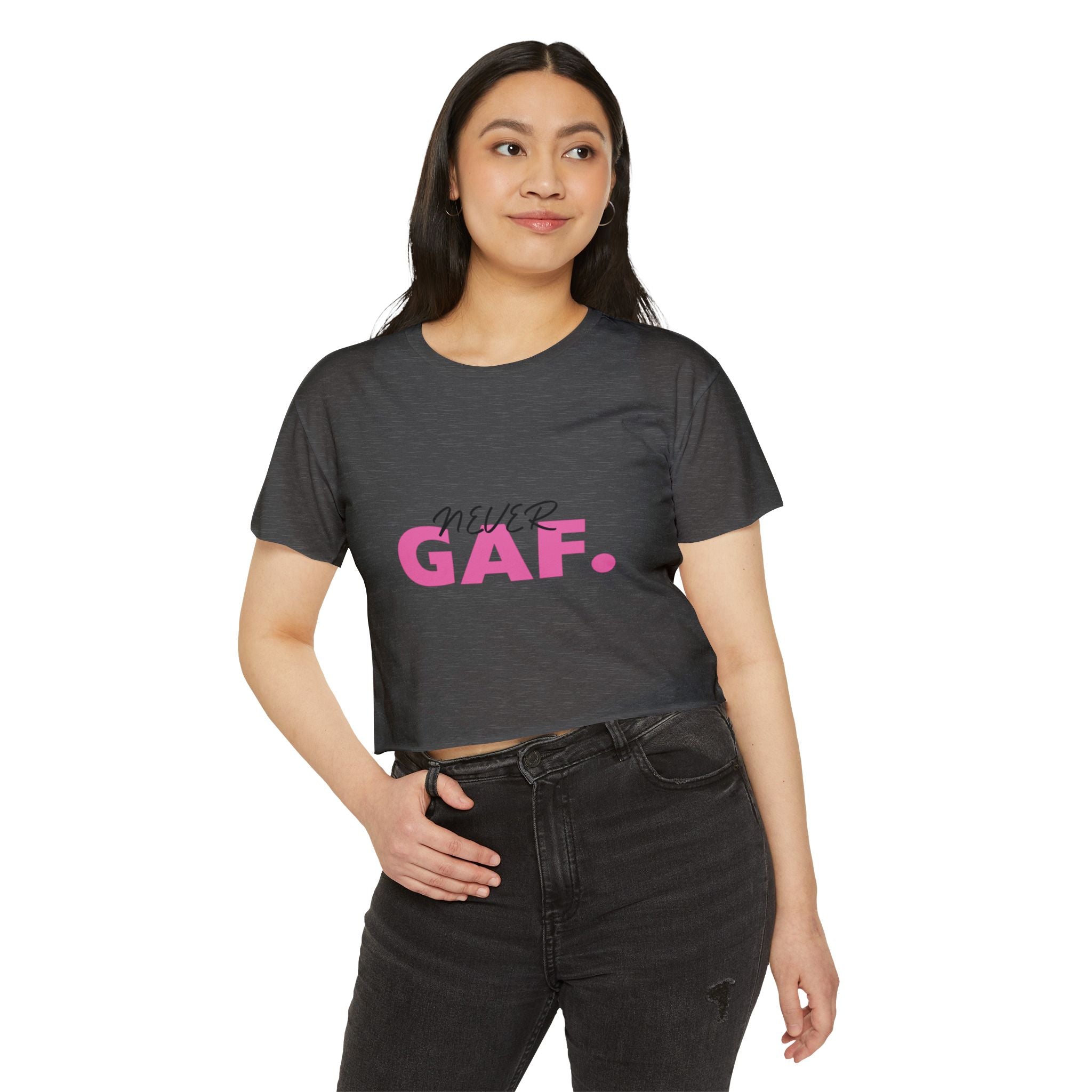 Never GAF Crop Top | Bold Pink Typography, Festival Graphic Tee