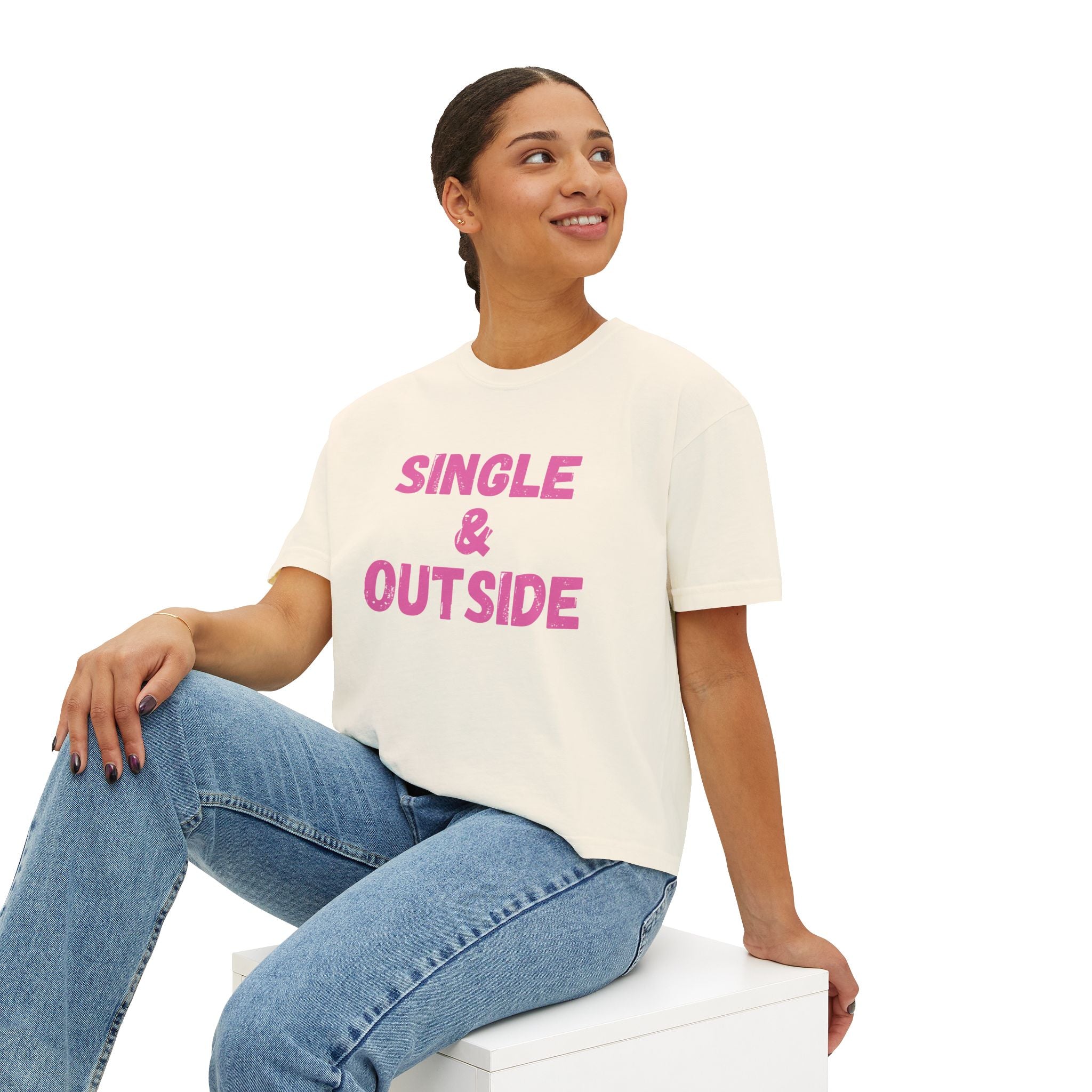 Women's Boxy Tee — "Single & Outside" Pink Statement Crop Top