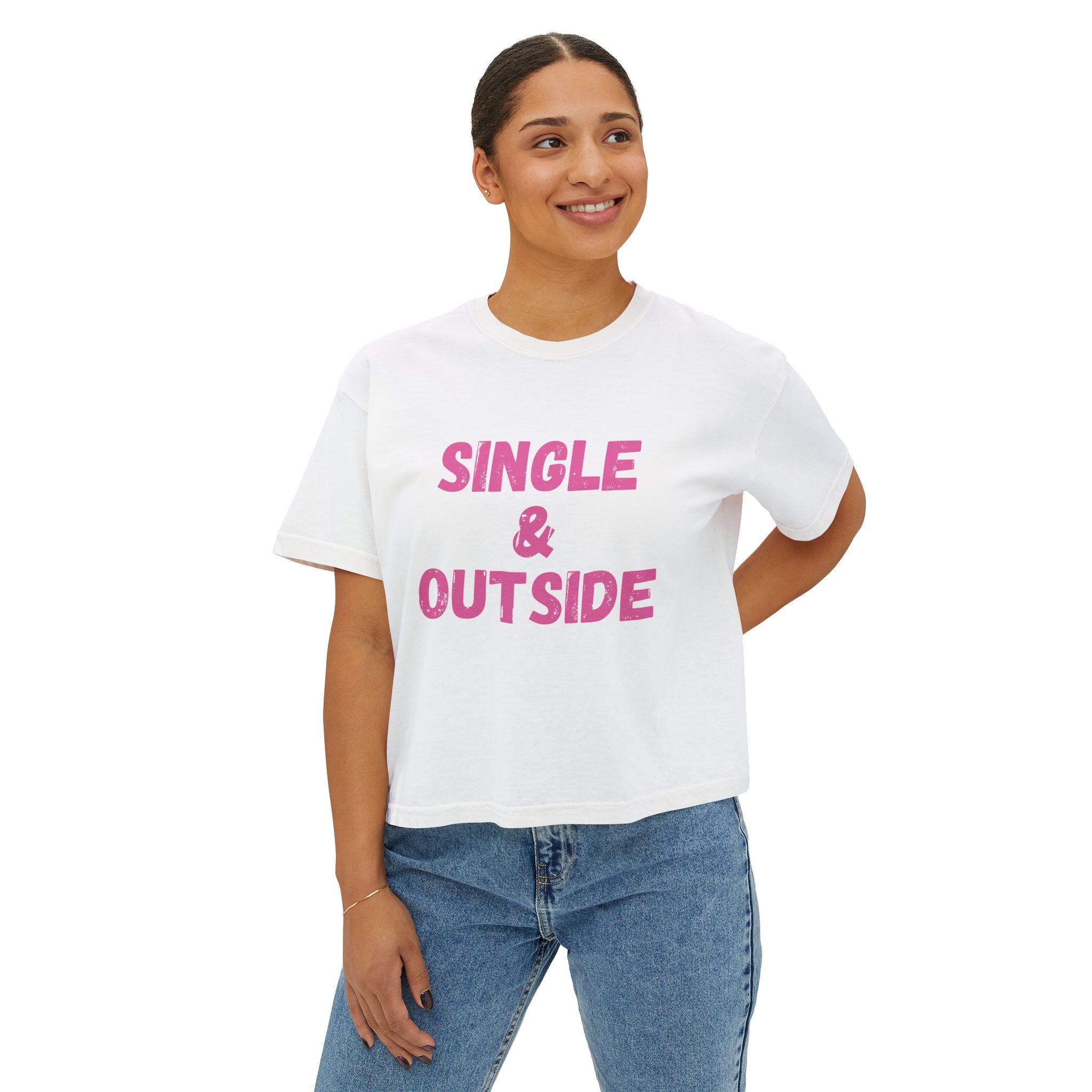 Women's Boxy Tee — "Single & Outside" Pink Statement Crop Top