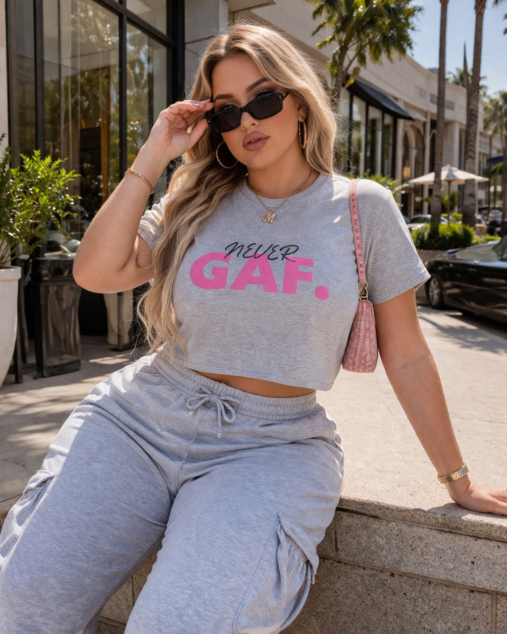 Never GAF Crop Top | Bold Pink Typography, Festival Graphic Tee