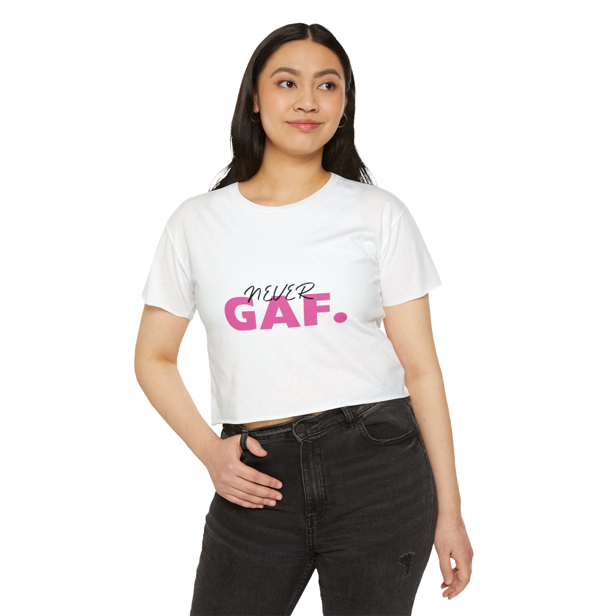Never GAF Crop Top | Bold Pink Typography, Festival Graphic Tee