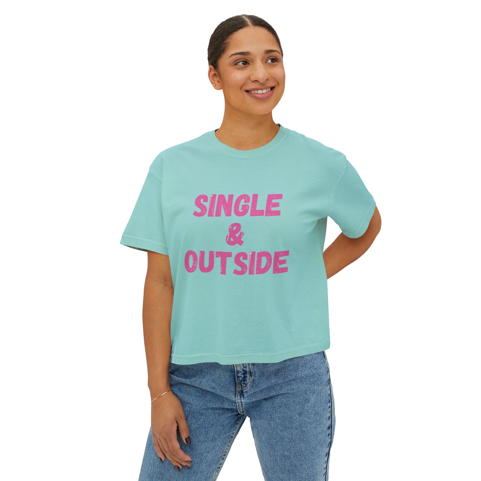 Women's Boxy Tee — "Single & Outside" Pink Statement Crop Top